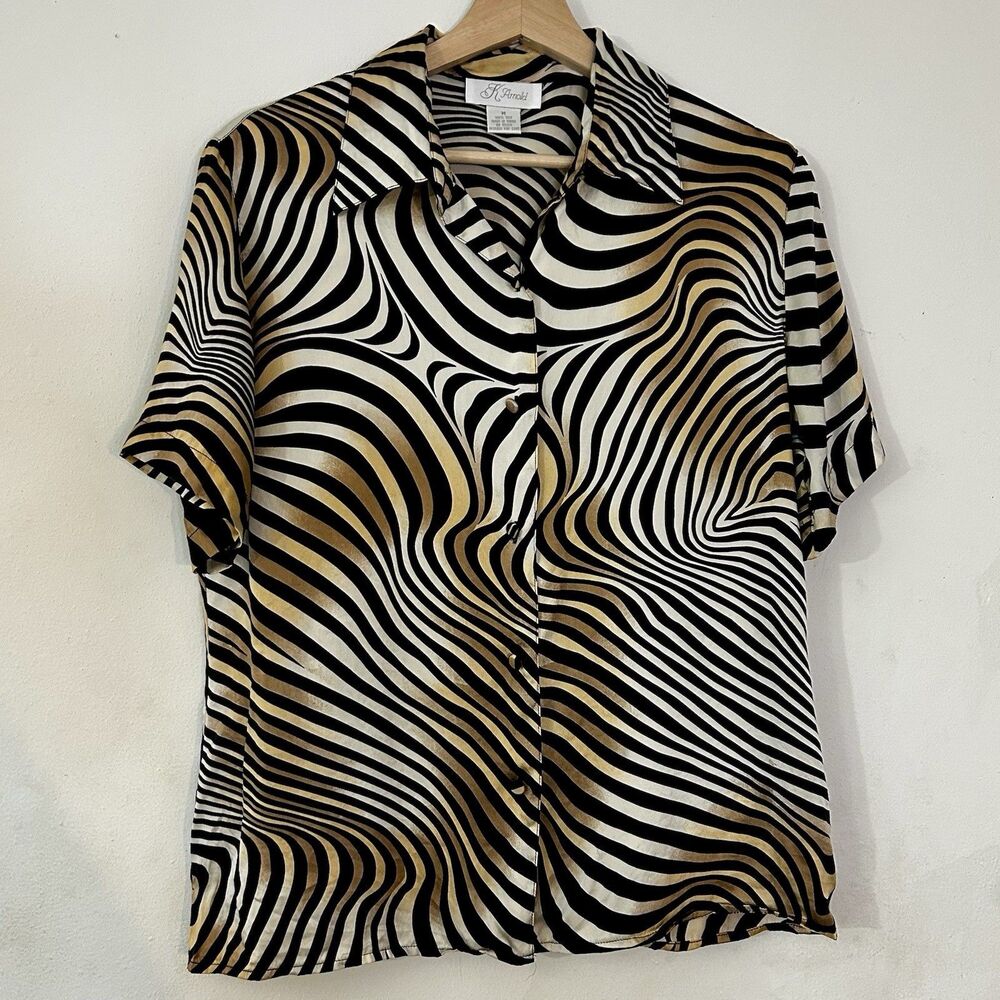 NWT K Arnold Blouse Size M In 100% Silk In Zebra Print Pattern Long Sleeve